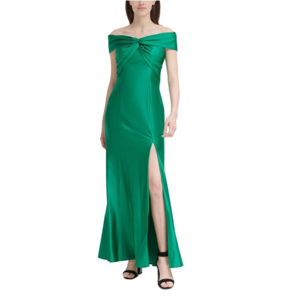 NWT Calvin Klein Womens Green Stretch Zippered Slitted Twist-front Dress